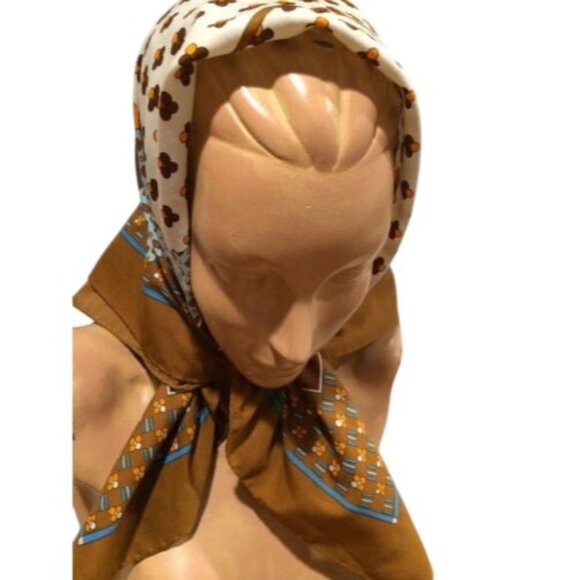 Vintage Hand Rolled Brown Blue Orange Old Fashioned Car Print Scarf 29" Square - Picture 4 of 4